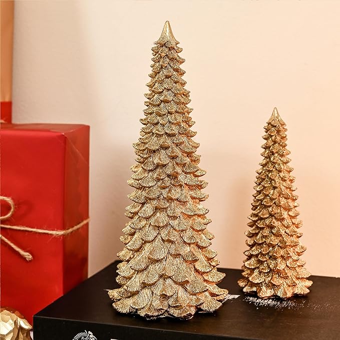 Gold Christmas Tree Figurines, 2Pcs Resin Glitter Christmas Tree for Tabletop Decoration, Small Christmas Trees Set, Decorative Xmas Trees for Christmas Mantel Indoor Home Decor