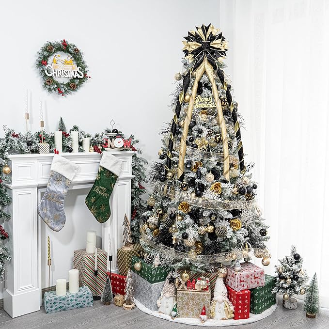 Christmas Tree Topper Bow, 53x13 Inches Large Christmas Bow with Glitter Streamer, Decorative Ribbon Bows for Xmas Tree Wreath Door Festival Home Decor(Black & Gold)