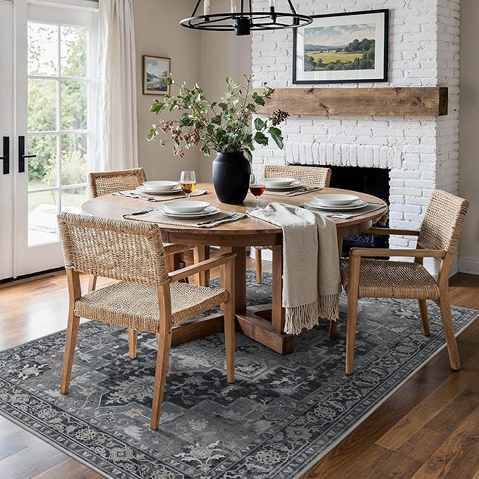 5x7 Area Rugs for Living Room, Machine Washable Rug, Non Slip Vintage Rugs, Low Pile Lightweight Print Rug for Bedroom, Dining Room, Home Office, Dark Gray
