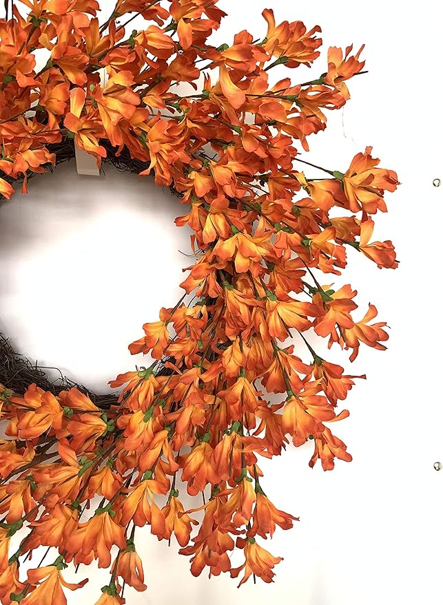 Orange Forsythia Door Wreath 24 Inch Spring Front Door Wreath Blossom Cluster Flower Farmhouse Wreath on Grapevine for Thanksgiving Festival Celebration Front Door Wall Window Decoration Home Decor