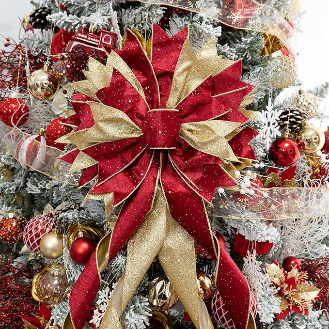 Christmas Tree Topper Bow, 53x13 Inches Large Christmas Bow with Glitter Streamer, Decorative Ribbon Bows for Xmas Tree Wreath Door Festival Home Decor(Red & Gold)
