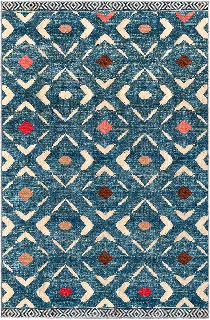 KILOCOCO Area Rug 4'x6' Entryway Rug Washable Bedroom Rug Non Slip Printed Boho Rubber Backed Low-Pile Soft Rugs for Kitchen Living Room Dining Geometric Moroccan Carpet, Teal/Blue