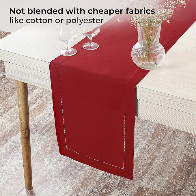 D'Moksha Homes Linen Red Table Runner 144 Inches Long - 100% Pure Linen Extra Long Table Runner 14 x 144 Inch for Valentines, Spring - Classic Hemstitch