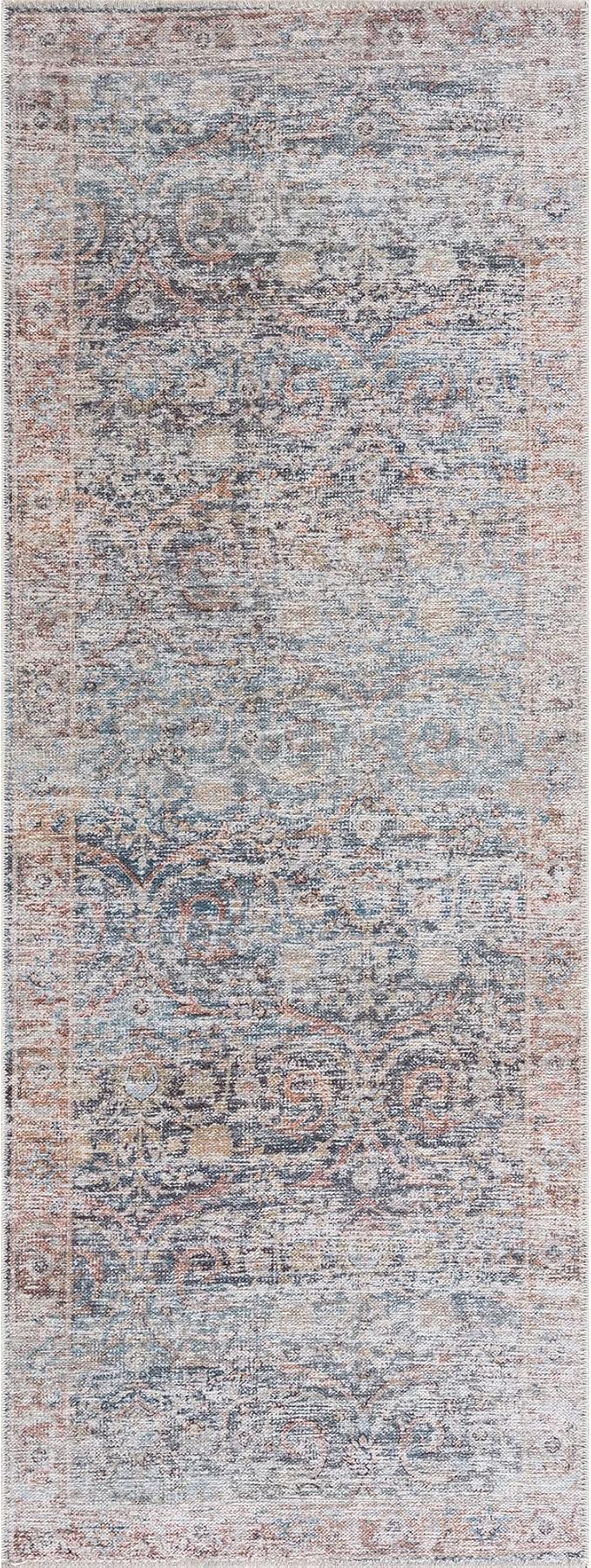 Bloom Rugs Caria Washable Non-Slip 7 ft Runner - Ocean Blue/Brick Traditional Runner for Entryway, Hallway, Bathroom, and Kitchen - Exact Size: 2'6" x 7'