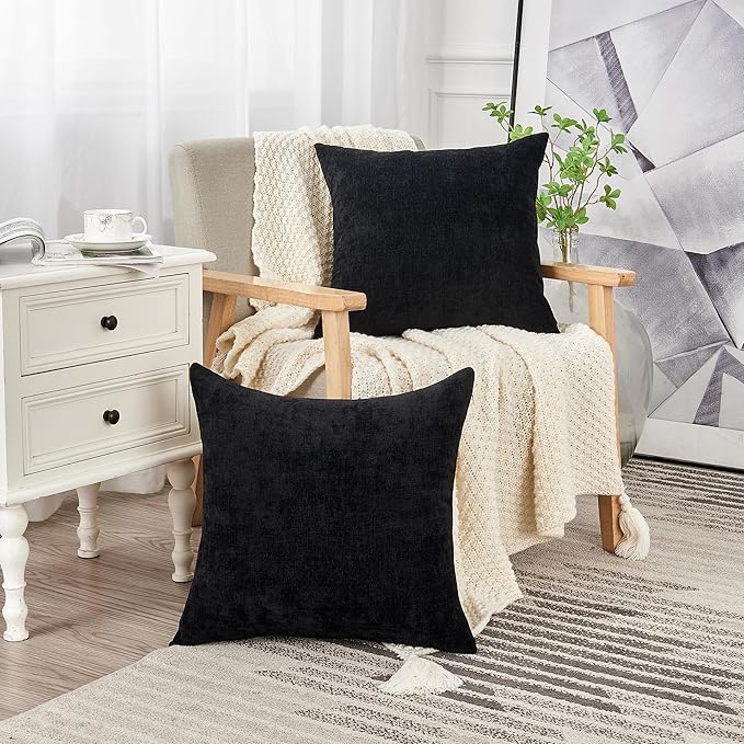 GAWAMAY Decorative Square Throw Pillow Covers 20"x20" Inch Set of 2, Super Soft Chenille Pillows Farmhouse Fall Pillowcase for Living Room Bedroom Sofa Couch Cushion Cover Black 50x50cm (No Insert)