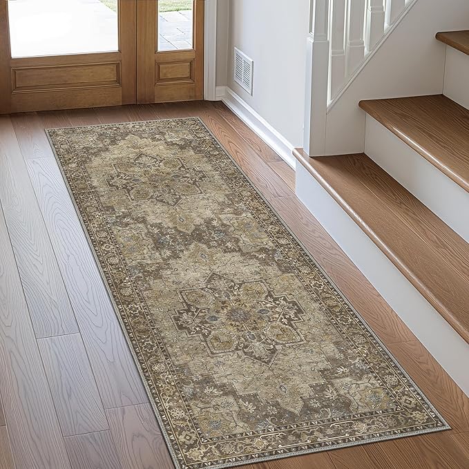 GENIMO 2x10 Runner Rugs for Hallway, Machine Washable Non Slip Vintage Rugs, Low Pile Lightweight Soft Print Rug for enrtyway, Corridor, Home Office, Kitchen, Rustic Brown