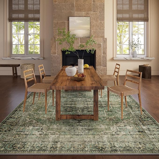 10x12 Area Rug Washable Rugs: Large Living Room Rug Stain Resistant Non Slip Distressed Vintage Low Pile Faux Wool Soft Green Rugs for Bedroom Farmhouse Dining Room Kids Playroom Nursery