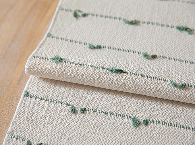 Caflife Boho Table Runner 60 Inchs Long for Modern Farmhouse Room Home Decor, Green and Beige Coffee Table Runner, Natural Cotton Woven with Tassels Neutral, for Kitchen Dining Table Decor