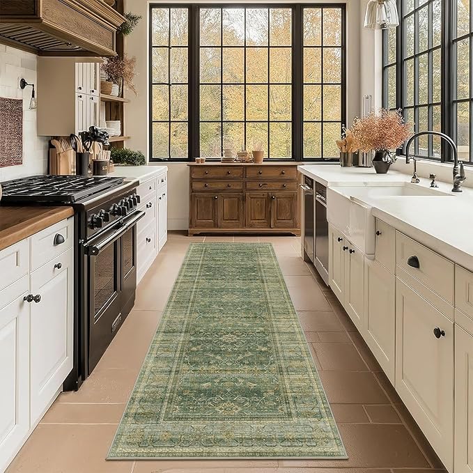 2.6x8 Runner Rug for Hallways Vintage Distressed Non Slip Long Carpet Floral Boho Distress Print Pattern Mat Lightweight Retro Accent Throw Carpet for Kitchen Bedroom Bedside Laundry Room-Green