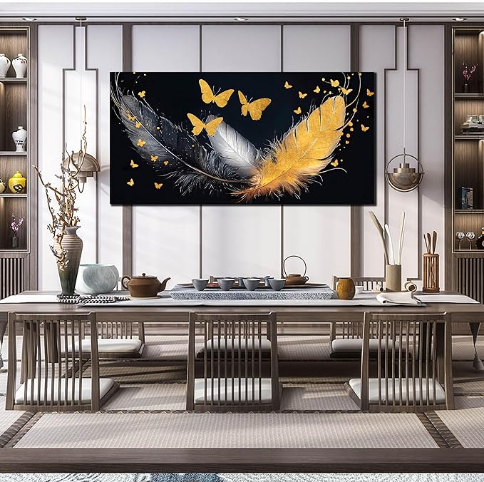 SIXTTART Feather Canvas Wall Art for Living Room - Butterfly Pictures Wall Art for Bedroom - Black White and Gold Wall Art for Office Size 29" x 59"