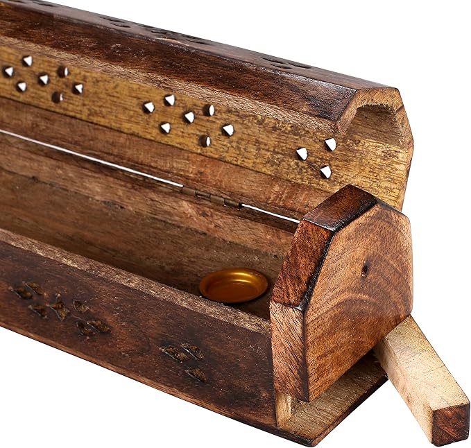 The Wooden Town Coffin Incense Stick Cone Burner Holder Stand with Storage Compartment Ash Catcher Hand Carved, Incense Stick Stand, Stick Holder, Incense Burners - Burnt Color - 12"x2.25"x2.75"