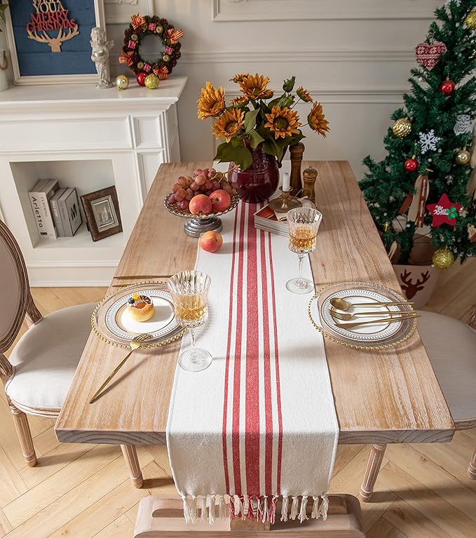 Christmas Valentines Table Runner 13 x 72 Inch for Dining Table, Boho Valentine's Day Decorations, Coffee Table Runner with Handcrafted Tassels, red and Beige Stripe Table Runner for Holiday, Winter
