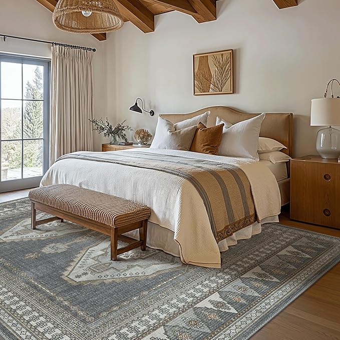 GENIMO Machine Washable 9x12 Area Rugs for Living Room, Non Slip Vintage Rugs, Low Pile Lightweight Chenille Print Rug for Bedroom, Dining Room, Home Office, Gray/Beige