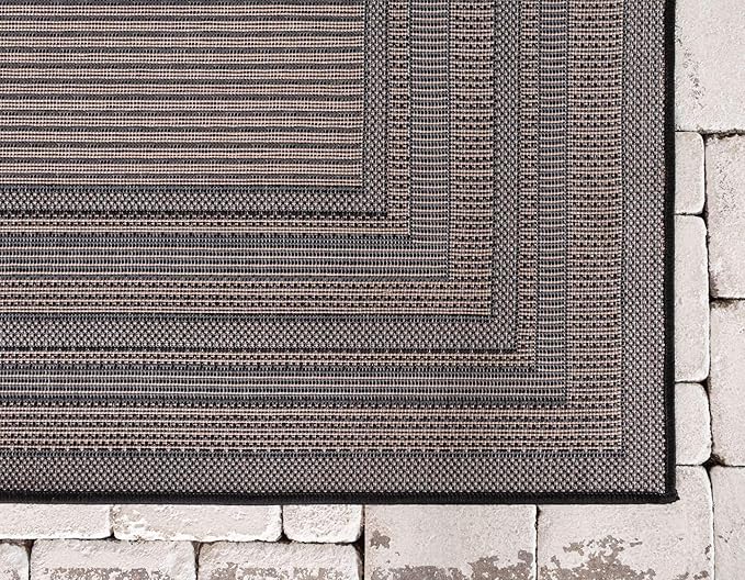 Unique Loom Outdoor Border Collection Area Rug - Multi Border (5' 3" x 8' Rectangle, Gray/ Black)