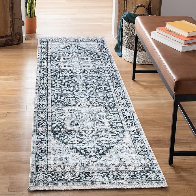 Bloom Rugs Caria Washable Non-Slip 7 ft Runner - Denim Blue Traditional Runner for Entryway, Hallway, Bathroom, and Kitchen - Exact Size: 2'6" x 7'