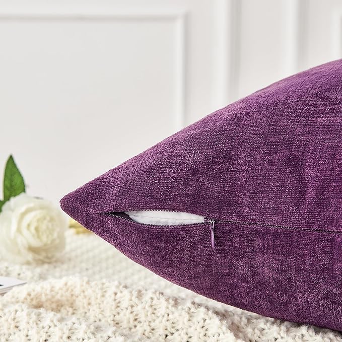 GAWAMAY Decorative Chenille Throw Pillow Covers 26x26 Inch Pack of 2, Soft Square Couch Pillow Cover for Sofa Cushion Living Room Bedroom Solid Dyed Oversized Pillowcases Purple 66x66cm (ONLY Covers)