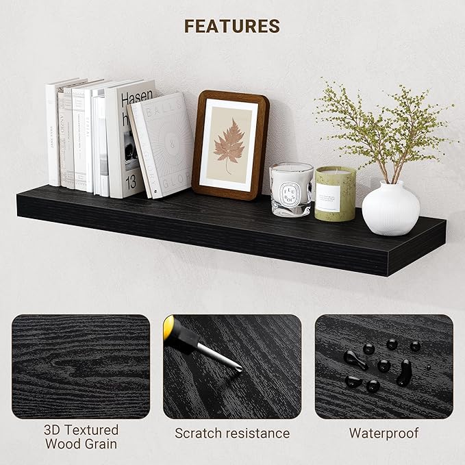 55 Inch Floating Shelves, 55"x9.25"x1.5" Inch Deep Floating Shelves for Wall, Wooden Shelves for Bathroom, Bedroom, Living Room, Black,1 Piece