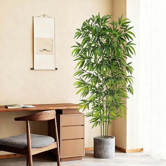Artificial Tree Fake Plants, Artificial Bamboo Tree 6FT Tall in Black Potted, Artificial Tree Indoor Decor Bamboo Silk Tree with Natural Wood Trunk, for Home Office Living Room Modern