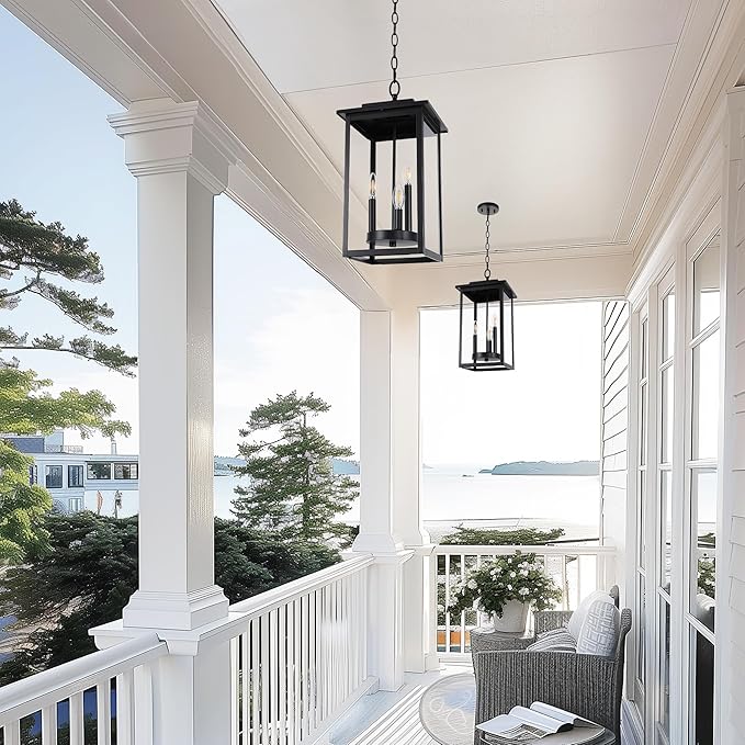LamQee Large Outdoor Pendant Lights for Porch, 3-Lights Matte Black Outdoor Chandelier Lighting Fixture, Modern Exterior Ceiling Hanging Lantern with Glass, for Front Door Patio Gazebo Entryway Foyer