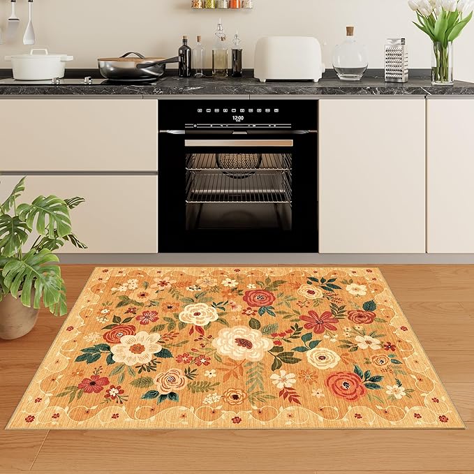 DUKINO 2x3 Rugs for Entryway, Floral Indoor Washable Door Mat, Non Slip Boho Small Rug for Kitchen, Soft Low Pile Front Door Throw Rug for Entrance, Bedroom, Kitchen, Laundry, Bathroom, Orange