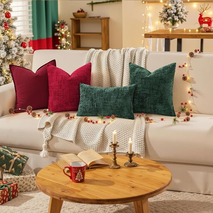 decorUhome Christmas Green Chenille Throw Pillow Covers 12x20 Set of 2 Thick Textured Slubby Couch Pillow Covers Farmhouse Accent Modern Neutral Decorative Pillow Cases for Bed Sofa Living Room
