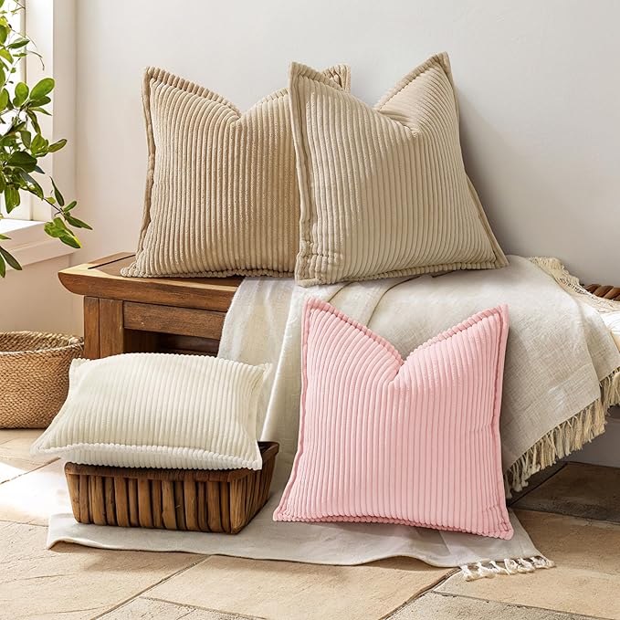 decorUhome Corduroy Pink Throw Pillow Covers 18x18 Set of 2 Decorative Soft Boho Farmhouse Euro Couch Pillow Covers for Living Room Bed Sofa Broadside Striped Pillow Cases