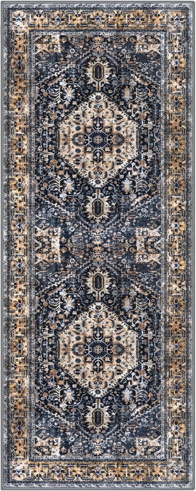 KOZYFLY Runners for Hallways 2x6 Ft Washable Kitchen Runner Rug Boho Runner Rug for Entryway Indoor Gold Navy Printed Oriental Faux Wool Floor Carpet Runner for Bedroom Kitchen Hall