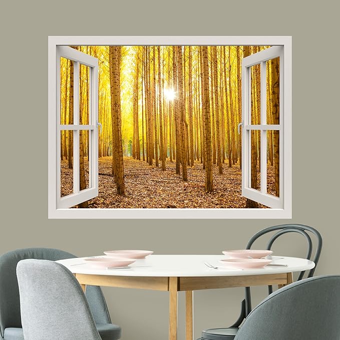 wall26 Removable Wall Sticker/Wall Mural Window View Yellow Vibrant Autumn Sunlight Forest Wilderness Nature Photography Realism Rustic Landscape Colorful for Living Room, Bedroom, Office - 24"x32"