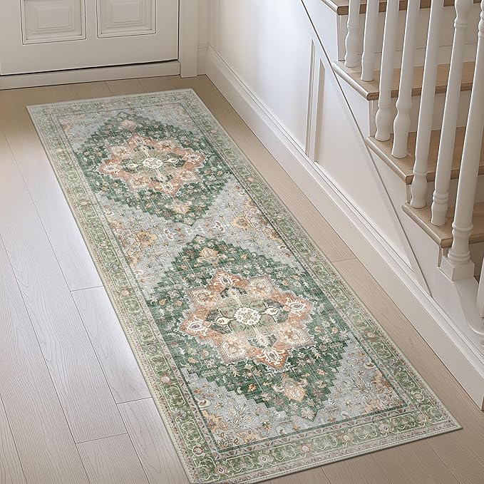 GENIMO 3x10 Runner Rugs for Hallway, Machine Washable Non Slip Vintage Rugs, Low Pile Lightweight Soft Print Rug for enrtyway, Corridor, Home Office, Kitchen,Sage Green