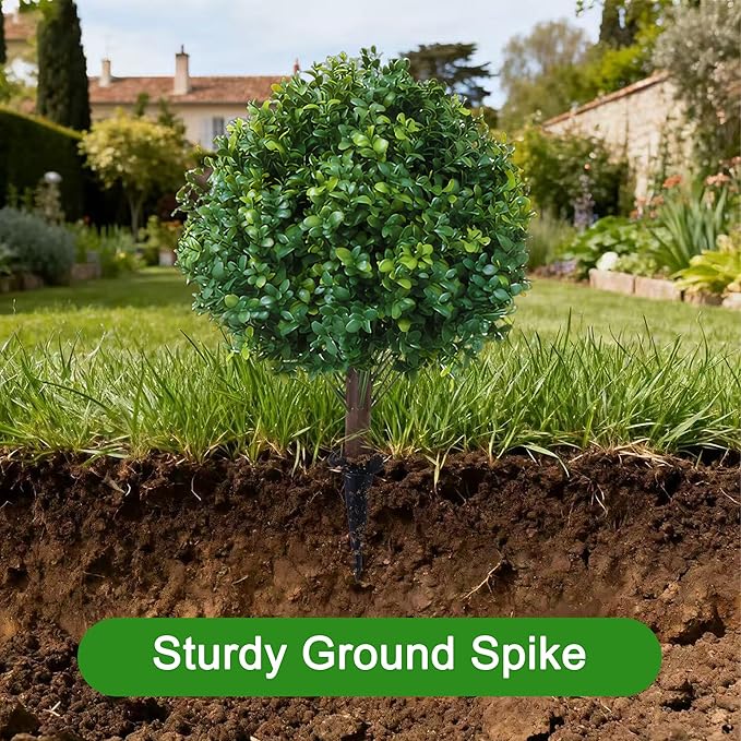 23.6" Artificial Boxwood Topiary Ball Trees, 2 Pack UV Resistant Artificial Plants Outdoor, Boxwood Balls with Ground Spike, Fake Plants for Front Porch Decor, Outdoor, Indoor (Green)