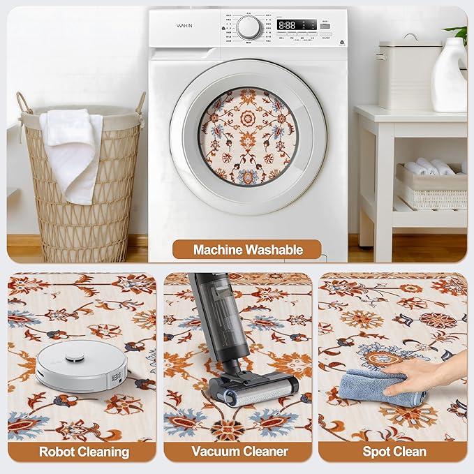 Tangsoo Washable Runner Rug for Hallway Non Slip, 2.6x8 Boho Floral Vintage Carpet Runner Rugs for Entryway, Floor Low Pile Runners for Kitchen Bathroom Laundry Bedroom Alfombra Orange Farmhouse
