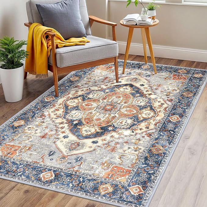 3x5 Washable Area Rug for Entryway, Ivory Blue Soft Boho Rug with Non-Slip, Low-Pile Vintage Floor Area Rugs for Living Room Bedroom Dining, Dorm Carpet with Non-Shedding