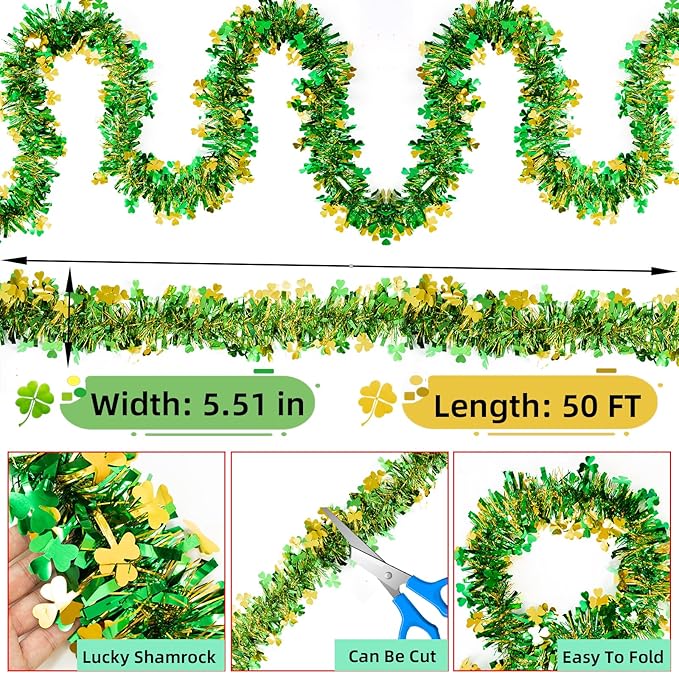 50FT St Patricks Day Garland Gold Green Shamrock Tinsel Garlands, Metallic Streamer Twist Irish Shamrock Garland Decorations for Tree Mantle, DIY Irish St Patricks Day Decorations