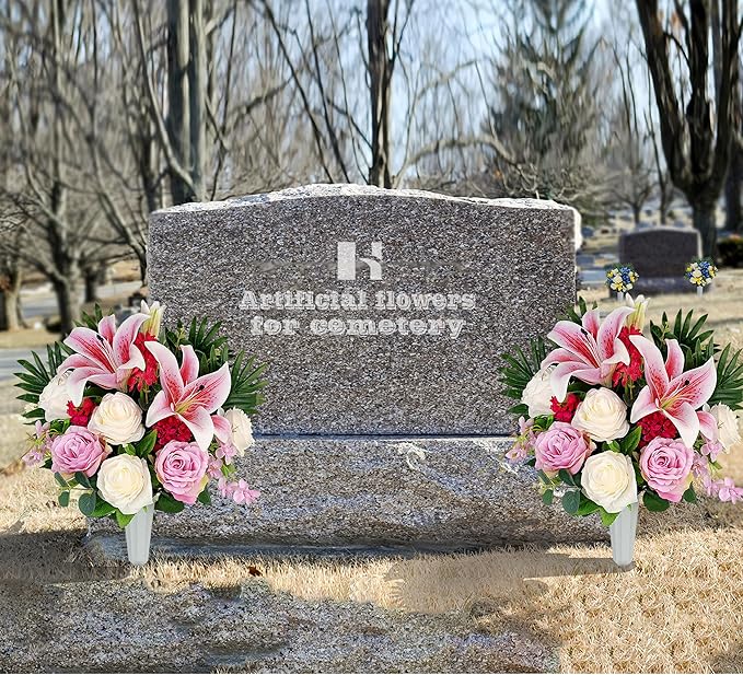 HENOMO Artificial Cemetery Flowers for Grave Vase， Headstone Silk Flower Arrangement, Graveside Decoration- Vibrant Pink Lily and Rose, Tombstone Memorial Bouquet with Vase