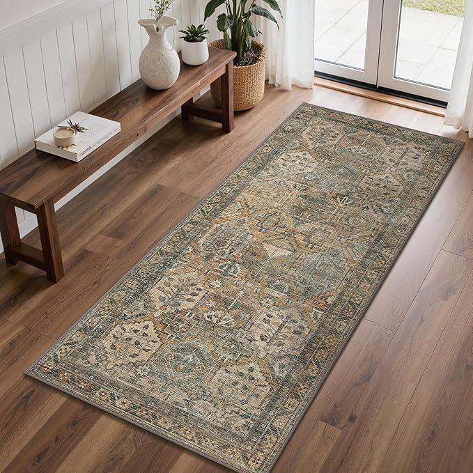 GENIMO 2x8 Runner Rugs for Hallway, Machine Washable Non Slip Vintage Rugs, Low Pile Lightweight Soft Print Rug for enrtyway, Corridor, Home, Office, Kitchen, Muted Taupe