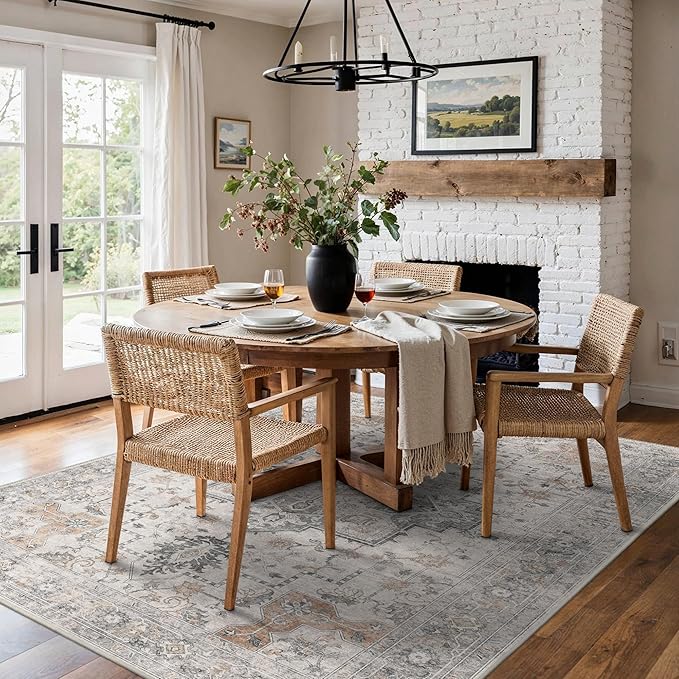 6x9 Area Rugs for Living Room, Machine Washable Low Pile Rugs, Non Alip Vintage Rug for Bedroom, Dining Room, Home Office, Light Taupe Brown