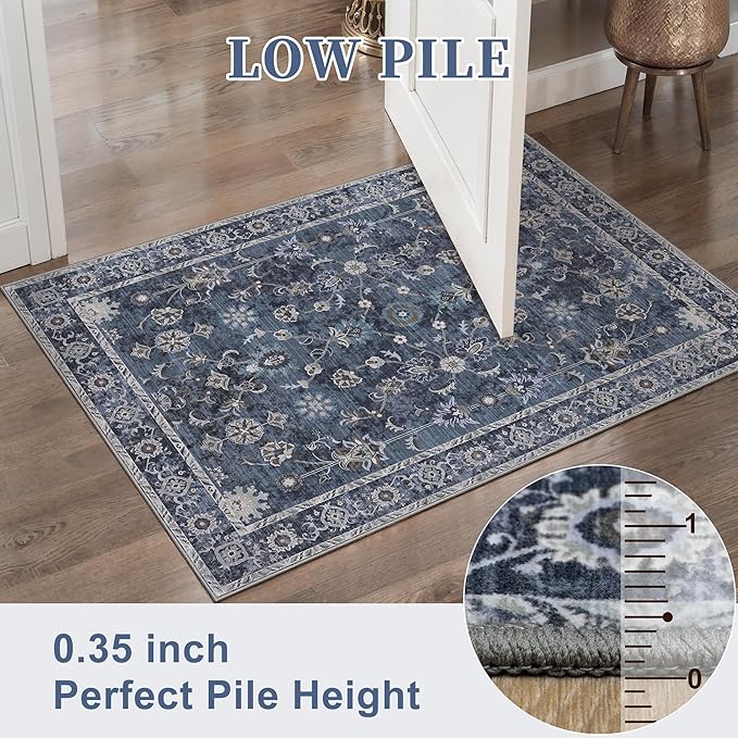 Tangsoo 2.6x8 Runner Rug for Hallway Kitchen, Non Slip Washable Long Rug Runner Boho Vintage Floral Carpet, Distressed Blue Black Soft Low Pile Indoor Runners for Entryway, Laundry, Kids&pets Friendly