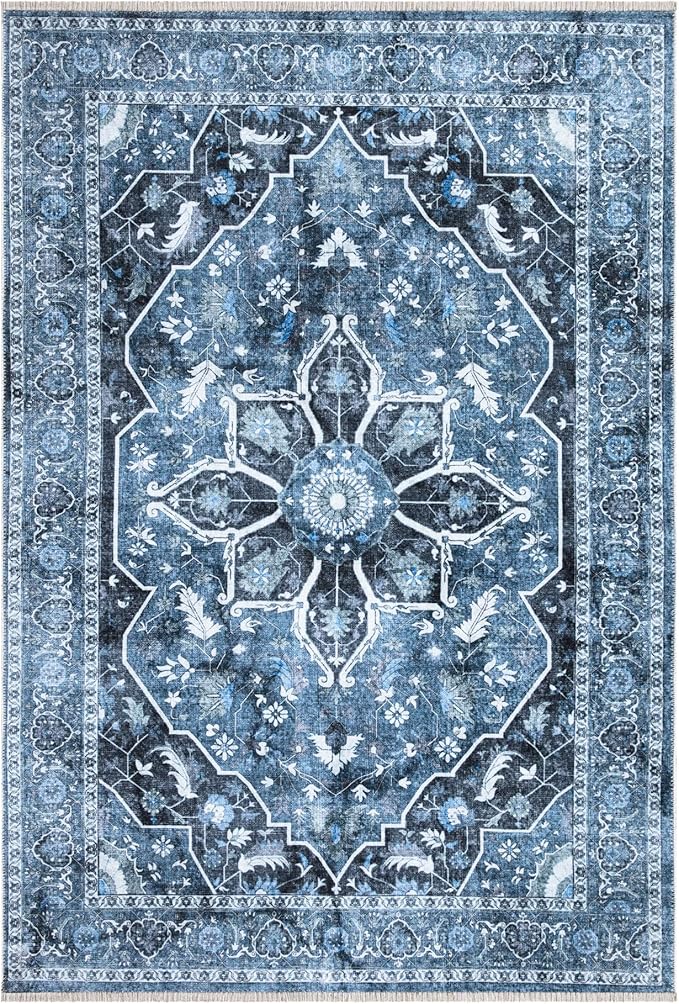 Bloom Rugs Caria Washable Non-Slip 4x6 Rug - Blue/Charcoal Traditional Area Rug for Living Room, Bedroom, Dining Room, and Kitchen - Exact Size: 4' x 6'