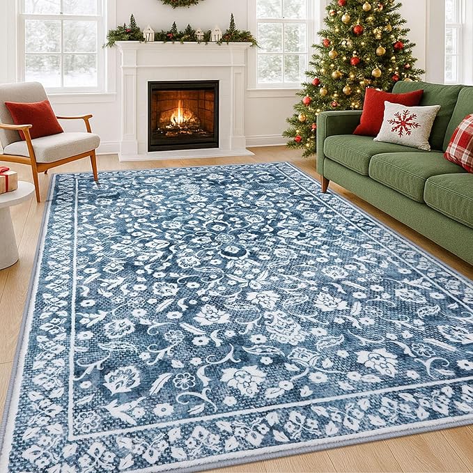 Vintage 8x10 Area Rugs, Blue and White Washable Living Room Rug Non-Slip Thin Large Area Rug Printed Faux Wool Floor Super Soft Carpet Throw Rugs for Bedroom Dining Room Playroom Office