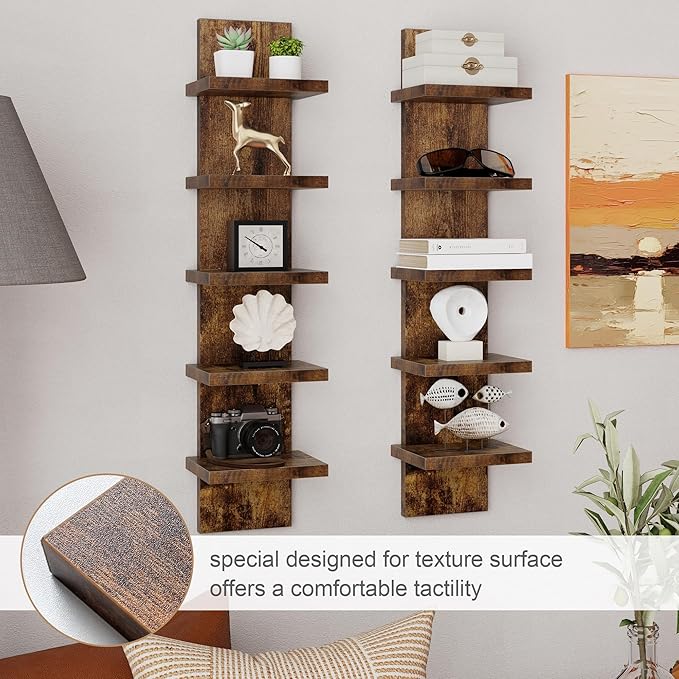 Fun Memories 5 Tier Wall Shelf Unit, Decorative Wall Mount Vertical Shelving, Floating Storage Home Decor Organizer Tall Tower Design Utility Shelving Bedroom Living Room, Brown 2Pack