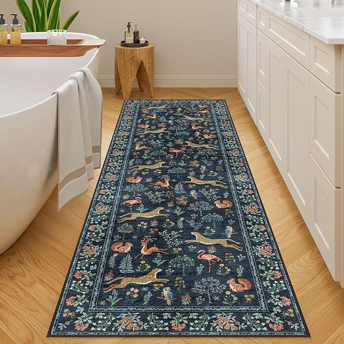 DUKINO 2x10 Rug for Hallway, Washable Kitchen Runner Rug with Non Slip Backing, Soft Low Pile Vintage Animal Runner for Bedroom, Kitchen, Hallway, Entryway, Laundry, Navy Blue