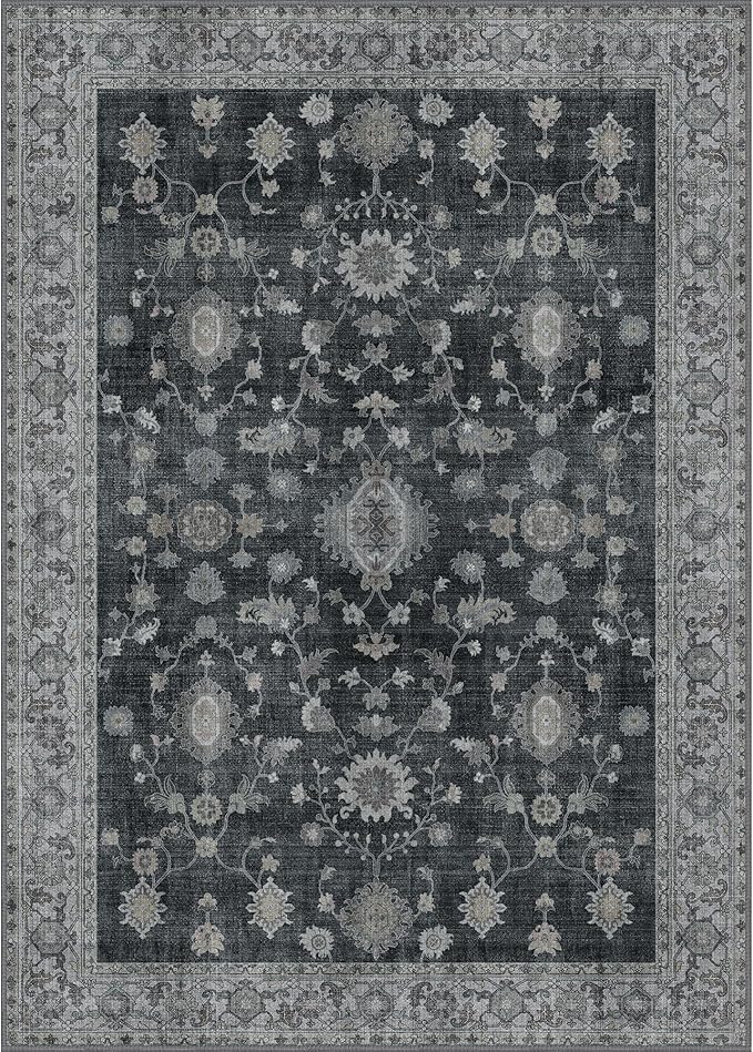 GENIMO Machine Washable 8x10 Area Rugs for Living Room, Non Slip Vintage Rugs, Low Pile Lightweight Chenille Print Rug for Bedroom, Dining Room, Home Office, Charcoal