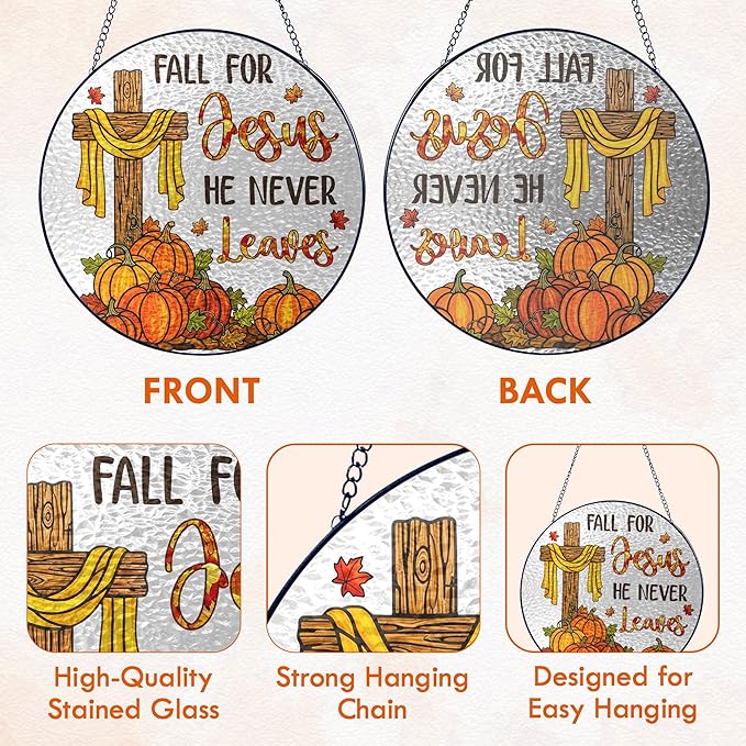 FLAGWIX Fall Decorations for Home - Stained Glass Window Hanging 8in - Christian Sun Catchers Indoor Window, Fall Gifts for Women Men, Thanksgiving Decorations Sun Catcher, Christian Gifts for Mom Dad