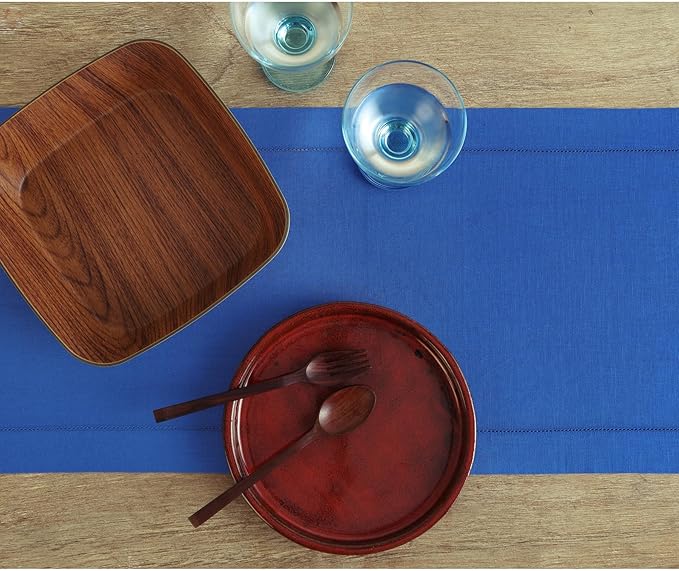 Solino Home Linen Royal Blue Table Runner 36 Inches - Classic Hemstitch, 100% Pure Linen Coffee Table Runner 14 x 36 Inch Ideal for Dresser Tables, Spring