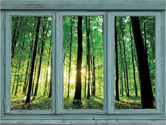 wall26 - Vintage Teal Window Looking Out Into a Greenery Forest - Wall Mural, Removable Sticker, Home Decor - 36x48 inches