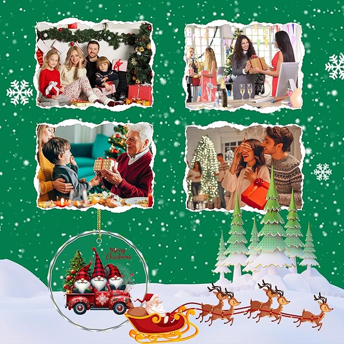 Christmas Gnome Red Truck Ornament – Crystal Hanging Decoration for Christmas Tree, Clear Acrylic Gnome & Red Truck Design, Xmas Holiday Home Décor & Gift