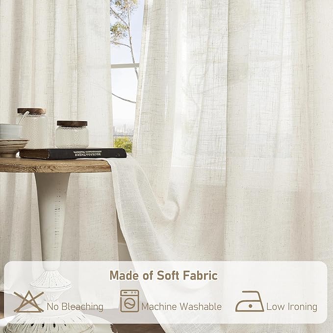 LAMIT Short Linen Kitchen Window Curtains 36 Inch Length, Over Sink Semi Sheer Light Filtering Panels Back Tab and Rod Pocket Drapes for Basement Bathroom Window, 2 Panels, Cream Ivory，34 x 36 Inch
