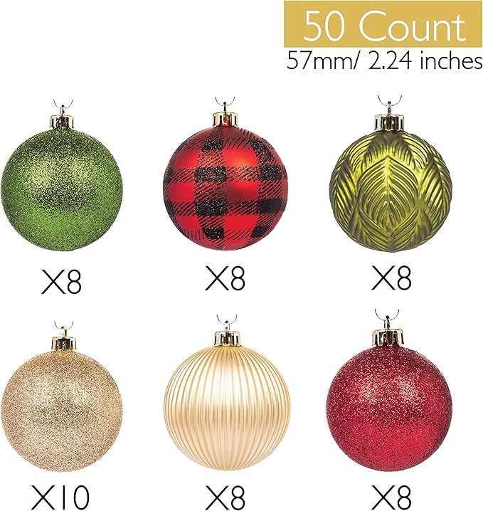 Every Day is Christmas Ornaments, Shatterproof Christmas Tree Ornament Set, Christmas Balls Decoration (50 Count 2.24"/57mm, New Woodland)