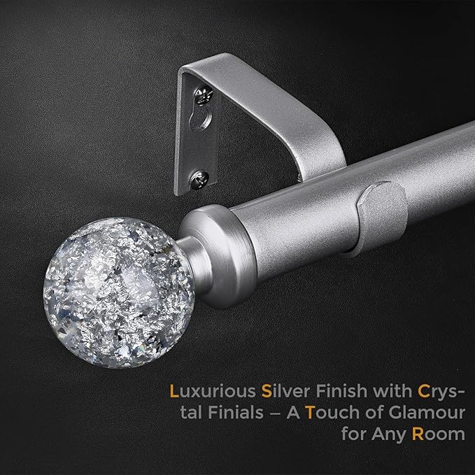 Silver Curtain Rods for Windows 72 to 144 Inch, 1'' Heavy Duty Adjustable Drapery Rod with Unique Crystal Ball Finials, Modern Decorative Curtain Rod,Size; 30-144''