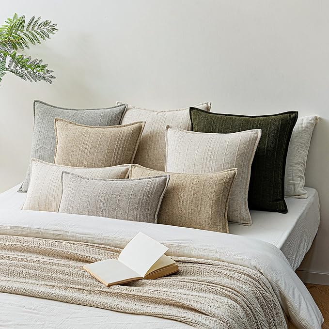 a moment Linen Pillow Covers Set of 2,Boho Farmhouse Throw Pillowcases Neutral Textured Decorative Covers for Couch Sofa Bed, Soft Linen Blend Accent Case Cushion Home Decor 18"x18"Light Grey